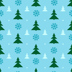 Winter seamless pattern with Christmas tree and snowflakes. Vector illustration. Design for winter holidays.
