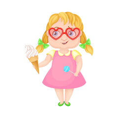 Girl Character Holding Ice Cream and Candy Vector Illustration