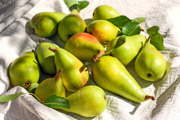Fresh organic ripe pears with leaves in the wicker basket on white background. Thanksgiving dinner. Healthy eating concept.