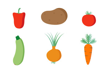 vegetable fruit food vector illustration set. healthy vegetarian ingredient flat design. isolated on white background. carrot, cucumber, onion, potato, cabbage, pepper, tomato icon. nutrition 