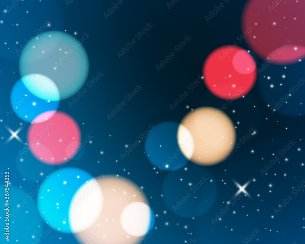 Poster bokeh style of abstract circles of blur glow spark lights on dark blue red light blue light brown me