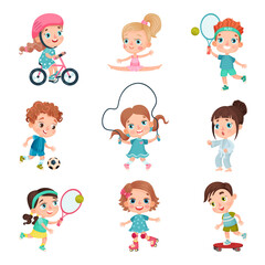 Cute Kid Characters Doing Sport Vector Illustration Set