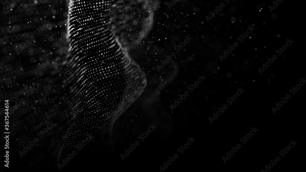Poster Wave of particles. Abstract background with a dynamic wave. Big data. 3d rendering.