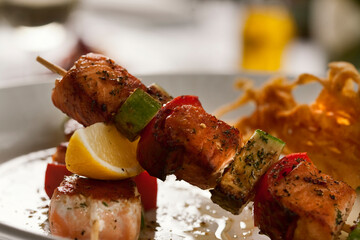 Salmon and vegetable skewers