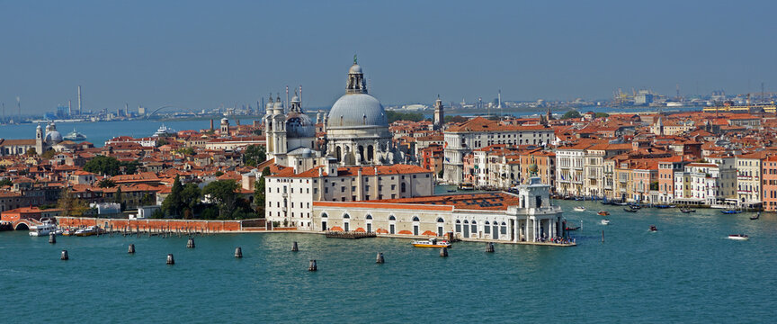 View of the Basilica de Santa Maria Della Salute'  The old custom house and Fondamenta Zattere al Saloni  Venice Italy.