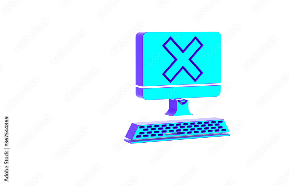Fototapete turquoise computer with keyboard and x mark icon isolated on white background. error window, exit bu