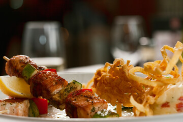 Salmon and vegetable skewers