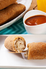.Breaded and fried chicken skewer. Typical Brazilian snack.