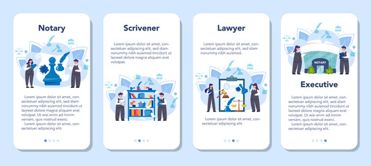 Notary service mobile application banner set. Professional lawyer