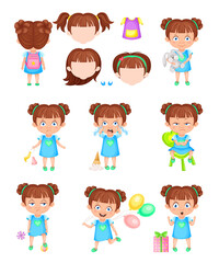 Girl Character Feeling Sadness and Happiness Vector Set