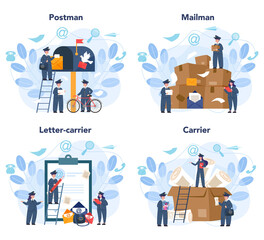 Postman profession set. Post office staff providing mail service