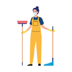 woman worker of cleaning service wearing medical mask, with broom and housekeeping picker, on white background vector illustration design