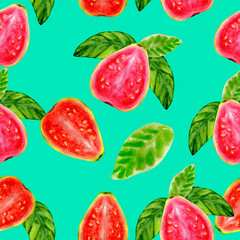 Seamless pattern of watercolor juicy guava
