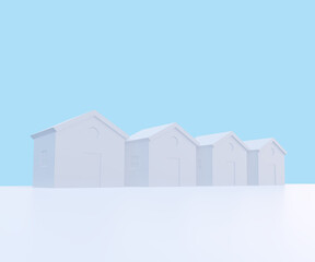 Small white houses, futuristic town block abstract, 3d illustration