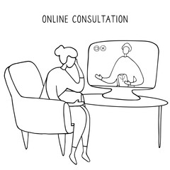 Woman sitting in chair in front of computer and talking to psychologist online. Remote psychological help, psychiatrist consulting patient. Mental health care and treatment. Vector illustration