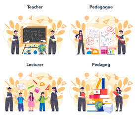 Teacher concept set. Profesor standing in front of the blackboard