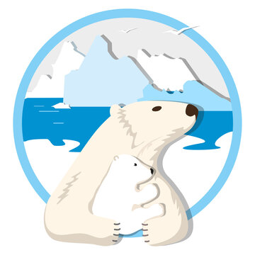 The polar bear holds in the clutches of a little bear cub, protecting it and urging it to pay attention to the problem of melting Arctic glaciers. The picture is applicable as a concept on this topic.