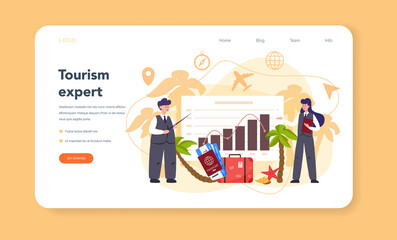 Travel agent web banner or landing page. Office worker selling tour,