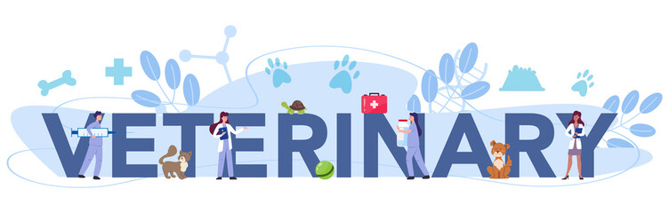 Pet veterinary typographic header. Veterinary doctor checking