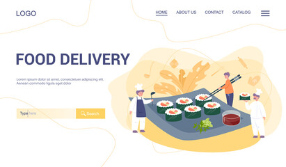 Food delivery menu web banner. Restaurant chef cooking rolls
