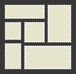 Stamp of post. Postcard template. Shape with frame of postage. Blank postal card with border. Vintage mail with perforated edge. Letter, sticker, label for postmark. Delivery correspondence. Vector