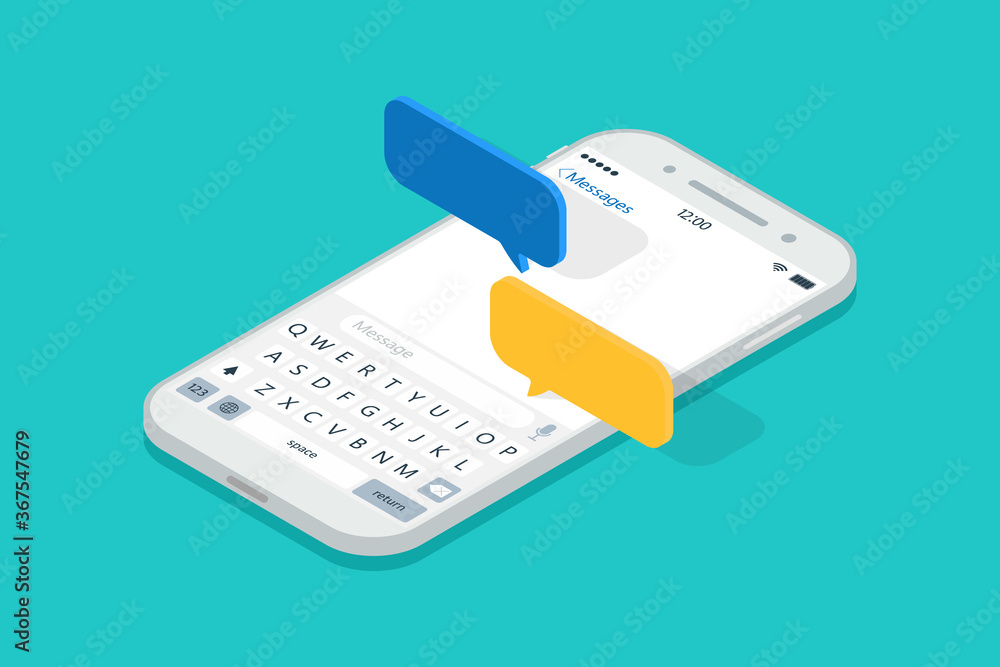 Poster isometric smartphone with messages chat. push sms in cellphone. 3d notification in mobile screen. sp
