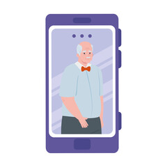 smartphone video call, old man in conference video call online vector illustration design