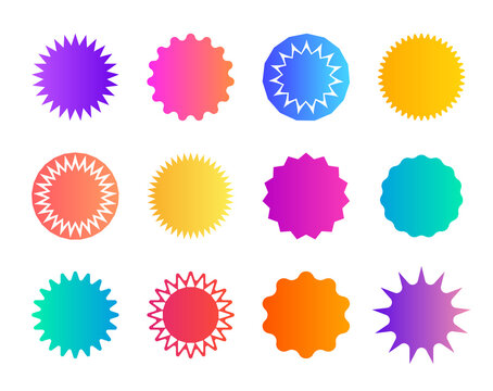 Price sticker. Promo badge starburst. Shape of star for callout, label. Round icons for sale. Circles for button, tag. Zigzag edge on promotion banner. Gradient color coupon. Speech balloons. Vector