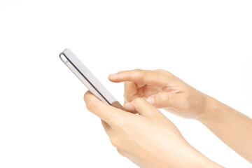 Fototapeta premium Hand using mobile smart phone isolated on white background.