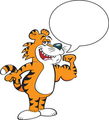 Cartoon illustration of a smiling tiger making a muscle with a caption balloon.