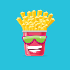 vector funny cartoon french fries potato box character with sunglasses isolated on blue background. funky smiling food character