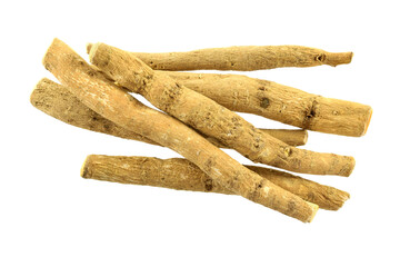 Ashwagandha Dry Root Medicinal Herb, also known as Withania Somnifera, Ashwagandha, Indian Ginseng, Poison Gooseberry, or Winter Cherry. Isolated on White Background.