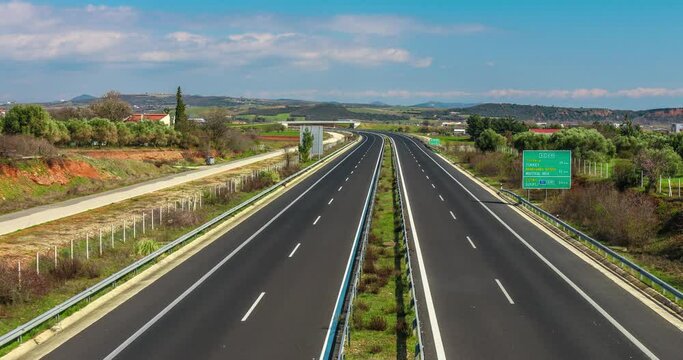 Highway Egnatia from Greece to Turkey. Timelapse of highway with movement of trucks and passenger cars. Time lapse of National road in Greece near the Turkish border. Alexandroupoli, Evros, Greece.