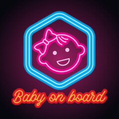 baby on board with neon light effect. vector illustration