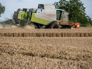 Obraz premium Mähdrescher bei der Ernte auf dem Feld