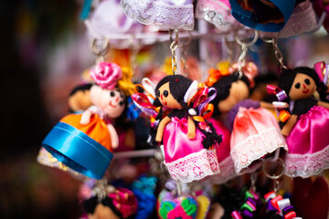 A group of colorful mexican dolls. muñecas mexicanas. queretaro mexico. Canasta mexicana....