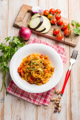 tagliatelle pasta with eggpalnts and fresh tomatoes