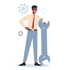 Business character holding wrench and gear. Idea of office worker