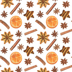 Christmas seamless pattern with gingerbread, cookies, oranges, cinnamon sticks and anise starts on a white background. Watercolor illustration. Warm and cozy background for Winter Holiday Season. 