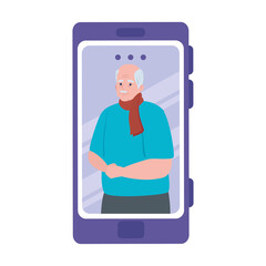 smartphone video call, old man in conference video call online vector illustration design