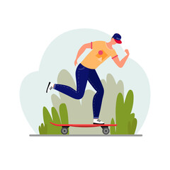Healthy lifestyle concept. Image of a young man riding a skateboard. Vector stock illustration. Flat design. Isolated on white background.