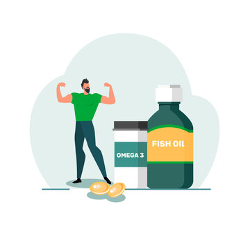 Healthy lifestyle concept. Fish oil food supplement. An image of a strong man and medical supplies. Vector stock illustration. Isolated on white background. Flat design