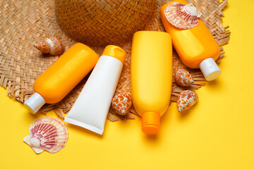 Sunscreen cream and protective mask. Coronavirus summer concept