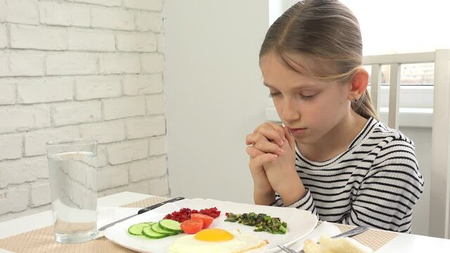 Kid Praying Before Eating Breakfast in Kitchen, Child Preparing Eat Meal, Girl Religious View
