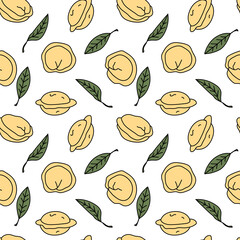  Seamless pattern with dumplings and dried bay leaves on white background. Pelmeni/pierogi wallpaper. Traditional russian cuisine dish.