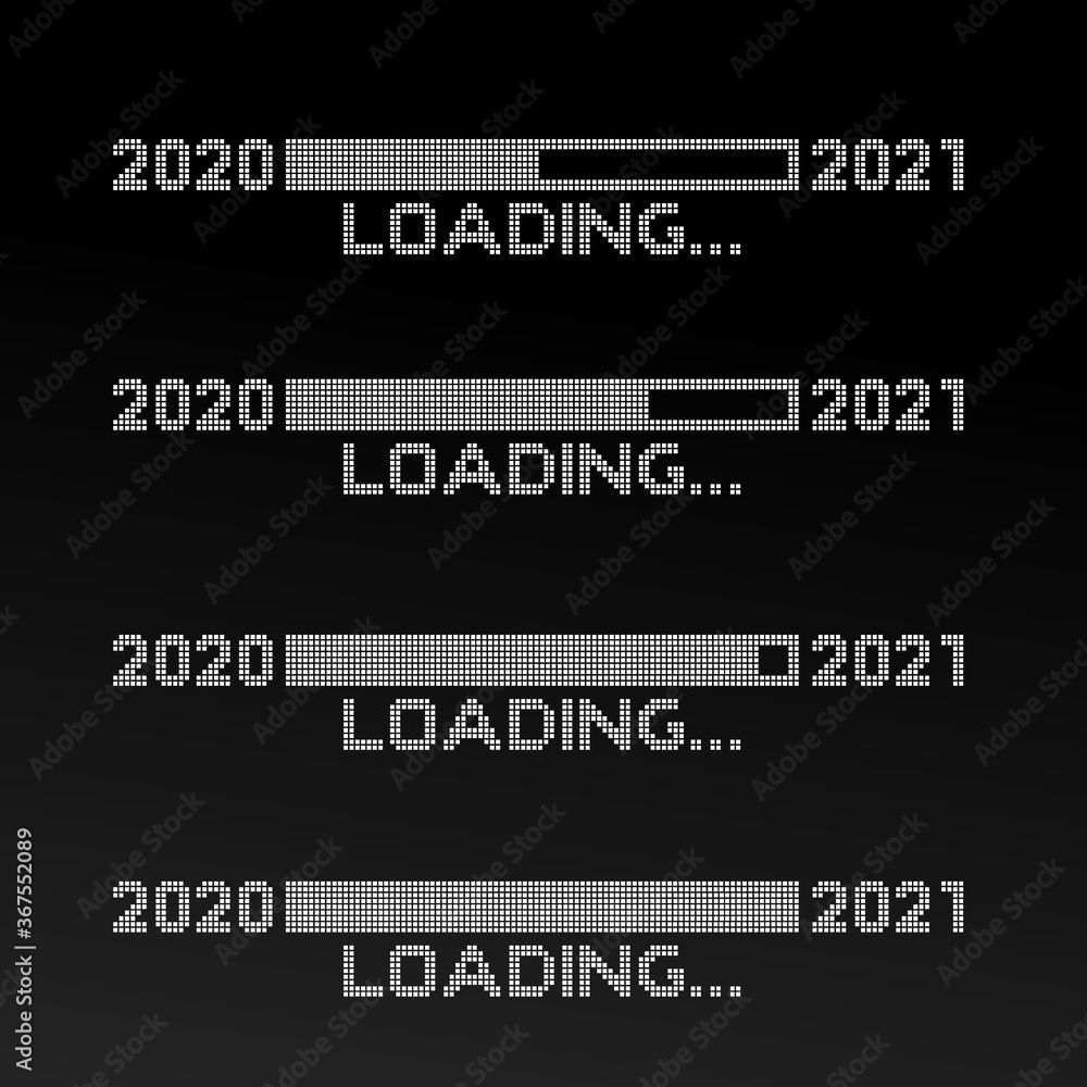 Poster set of pixelated progress bar year 2020 to 2021 loading. vector illustration. isolated on black back