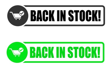 Back in stock stamp icon, vector image set.