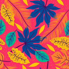 Fototapeta na wymiar Seamless pattern with tropical leaves on a pink background. Vector graphics.