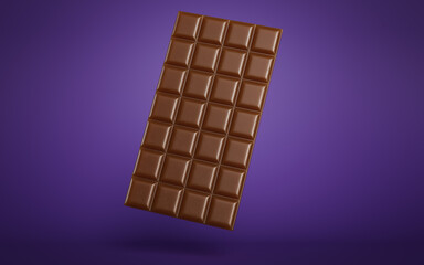 Chocolate square bar on a violet studio background. Dark, brown, milk, sugar,. Delicious sweet
