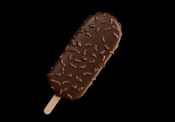 Obraz premium Brown chocolate popsicle ice cream covered with nuts on a black background. Refreshing summer sweet. Realistic 3D Illustration...